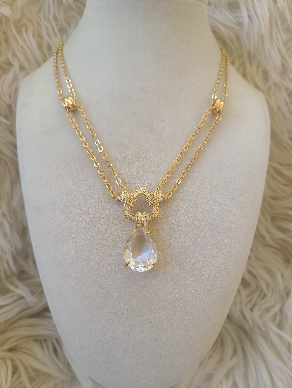 Swarovski Gold Toned Double-Chain Necklace Clear Teardrop Crystal- Excellent Vin